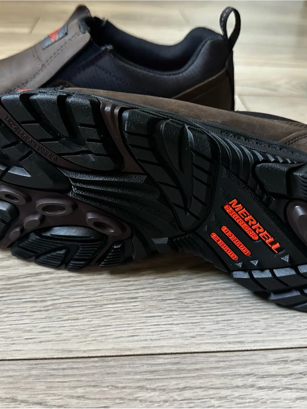 Merrell Brown and Black Slip-On Loafers with Orange Insole